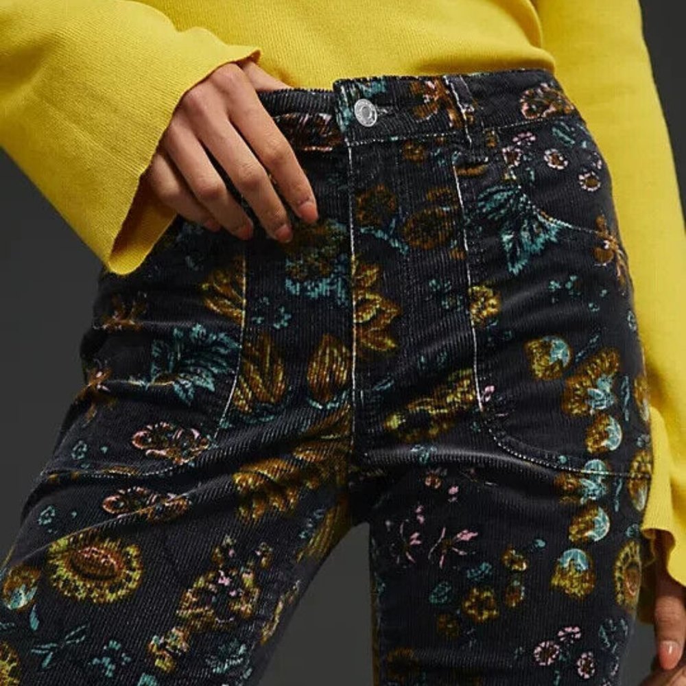 Anthropologie Pilcro 34 NWT The Icon Corduroy Flare Low-Rise Jeans Pants Floral - Picture 3 of 8